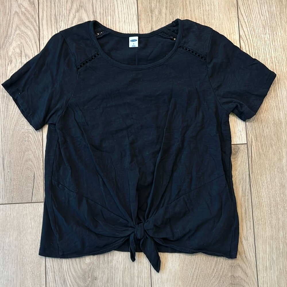 Black T Shirt with Front Tie and Crochet Details